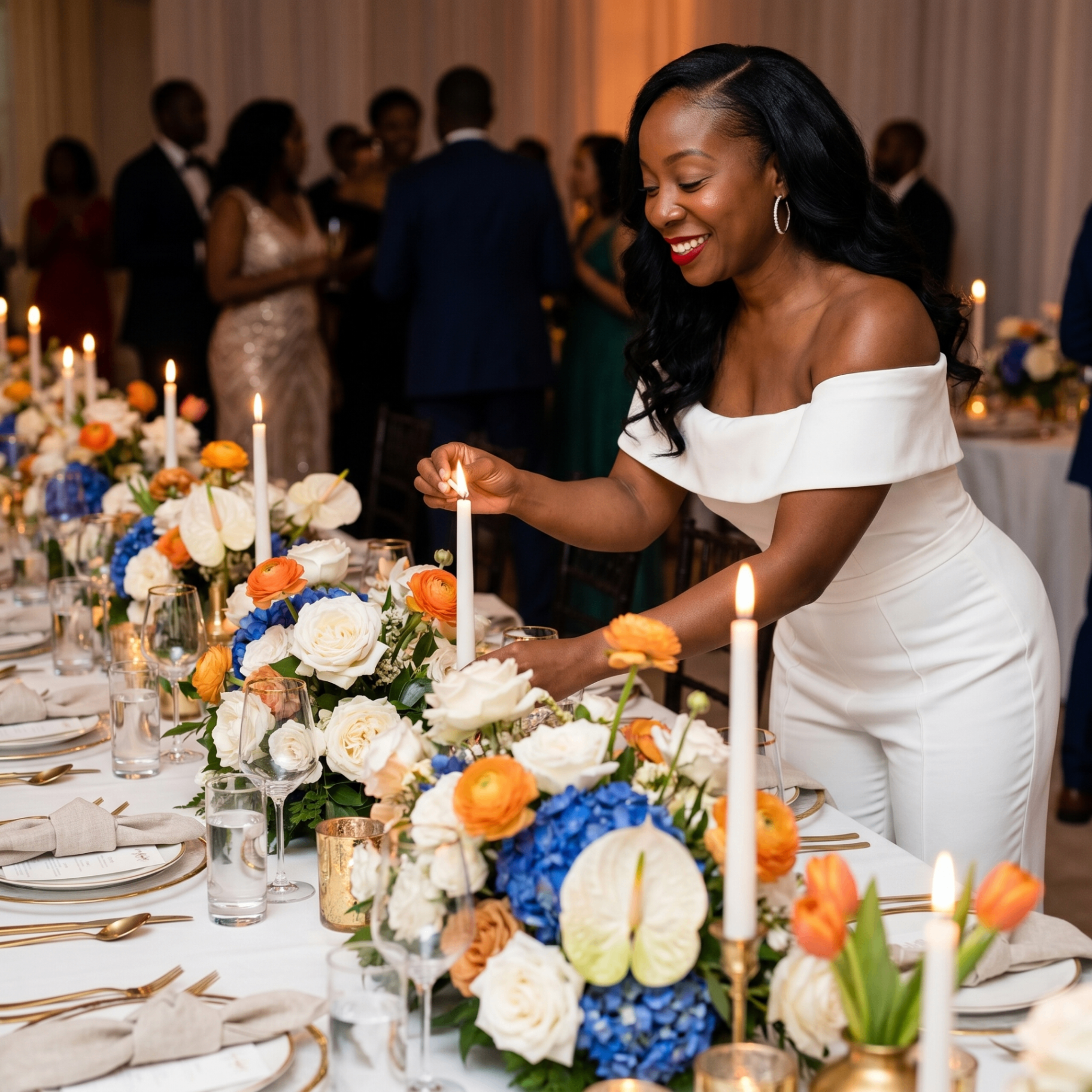 Alexis Denise lighting candles at an intimate floral dinner